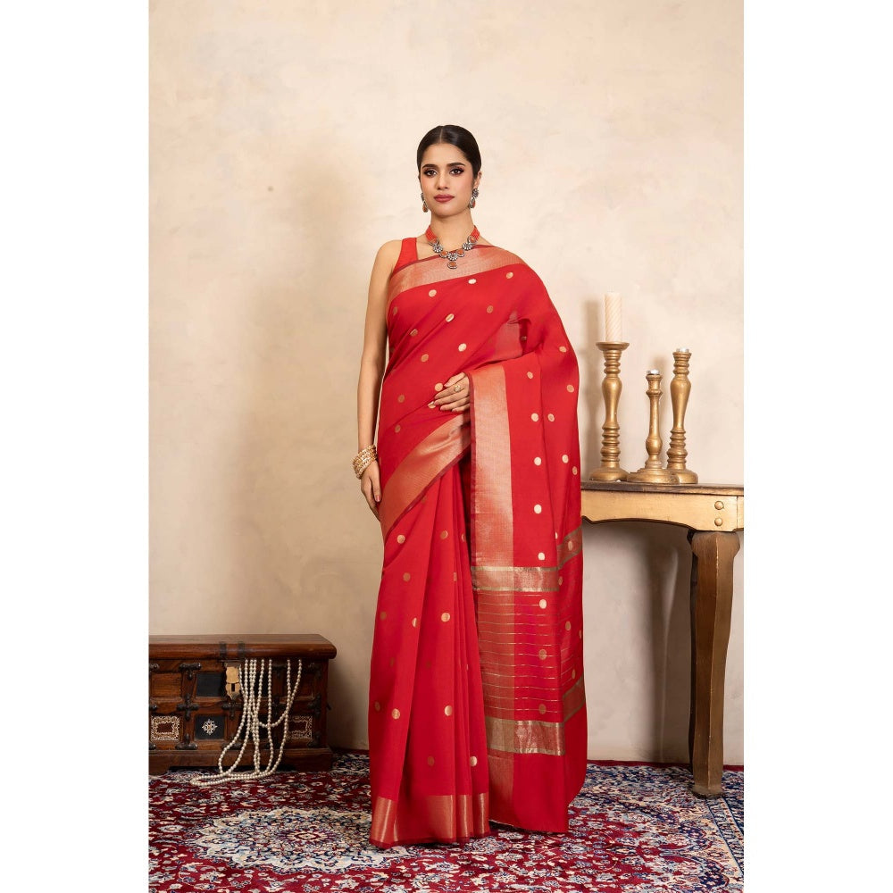 Zal from Benaras Red Chiffon Silk Banarasi Handloom Saree Without Blouse