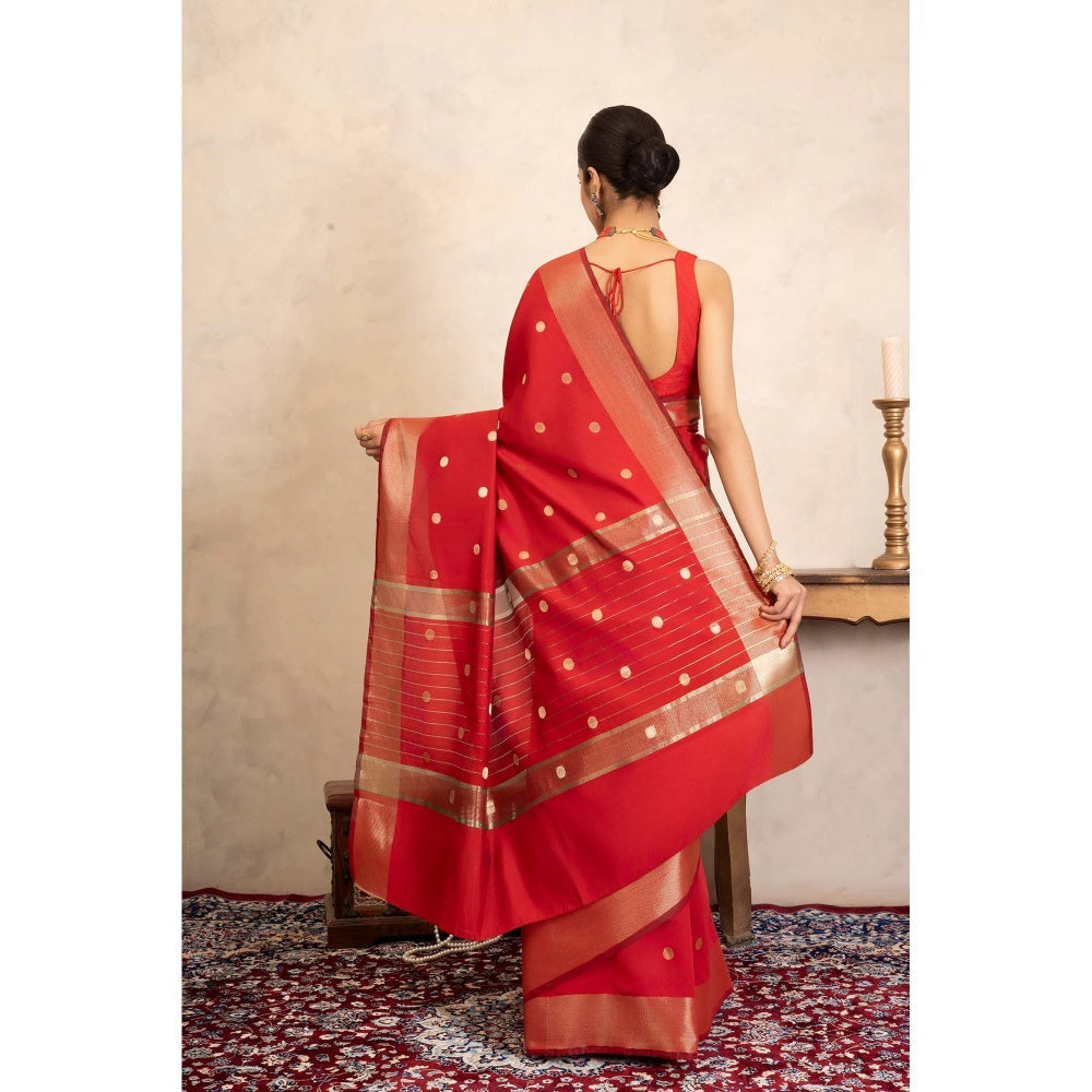 Zal from Benaras Red Chiffon Silk Banarasi Handloom Saree Without Blouse
