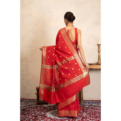 Zal from Benaras Red Chiffon Silk Banarasi Handloom Saree Without Blouse