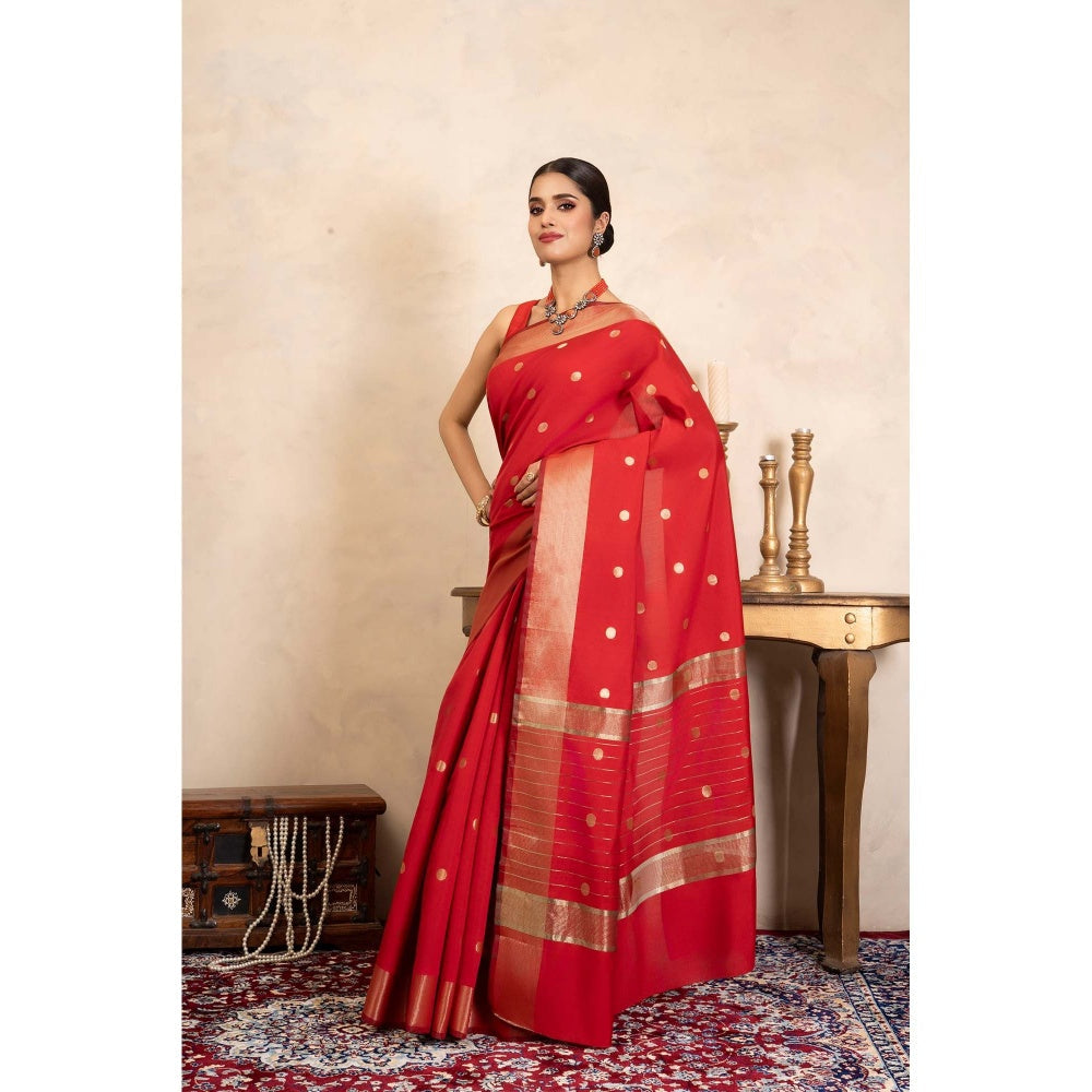 Zal from Benaras Red Chiffon Silk Banarasi Handloom Saree Without Blouse