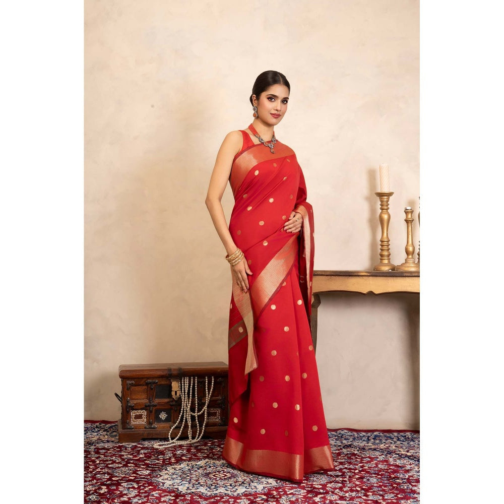 Zal from Benaras Red Chiffon Silk Banarasi Handloom Saree Without Blouse