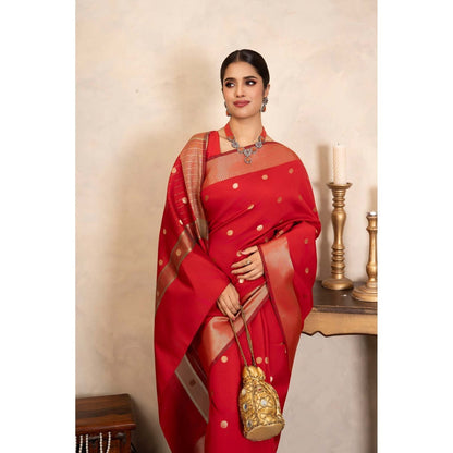 Zal from Benaras Red Chiffon Silk Banarasi Handloom Saree Without Blouse