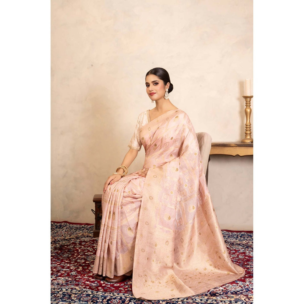 Zal from Benaras Baby Pink Pure Silk Banarasi Handloom Saree Without Blouse