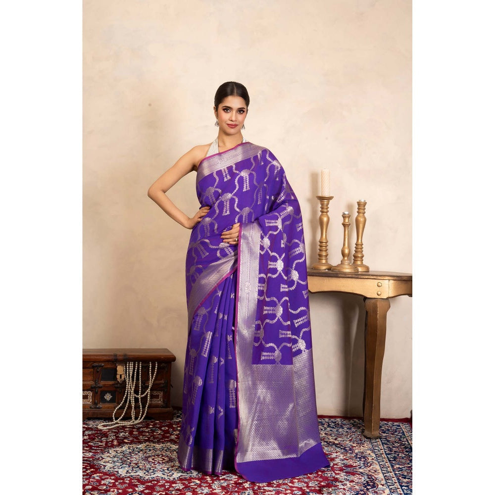 Zal from Benaras Purple Pure Silk Banarasi Handloom Saree Without Blouse