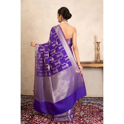 Zal from Benaras Purple Pure Silk Banarasi Handloom Saree Without Blouse