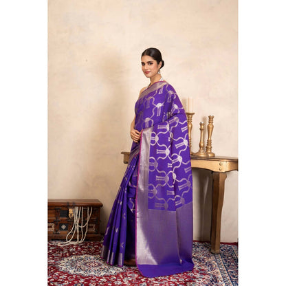Zal from Benaras Purple Pure Silk Banarasi Handloom Saree Without Blouse