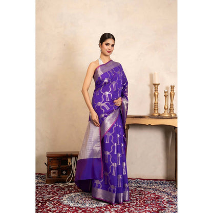 Zal from Benaras Purple Pure Silk Banarasi Handloom Saree Without Blouse