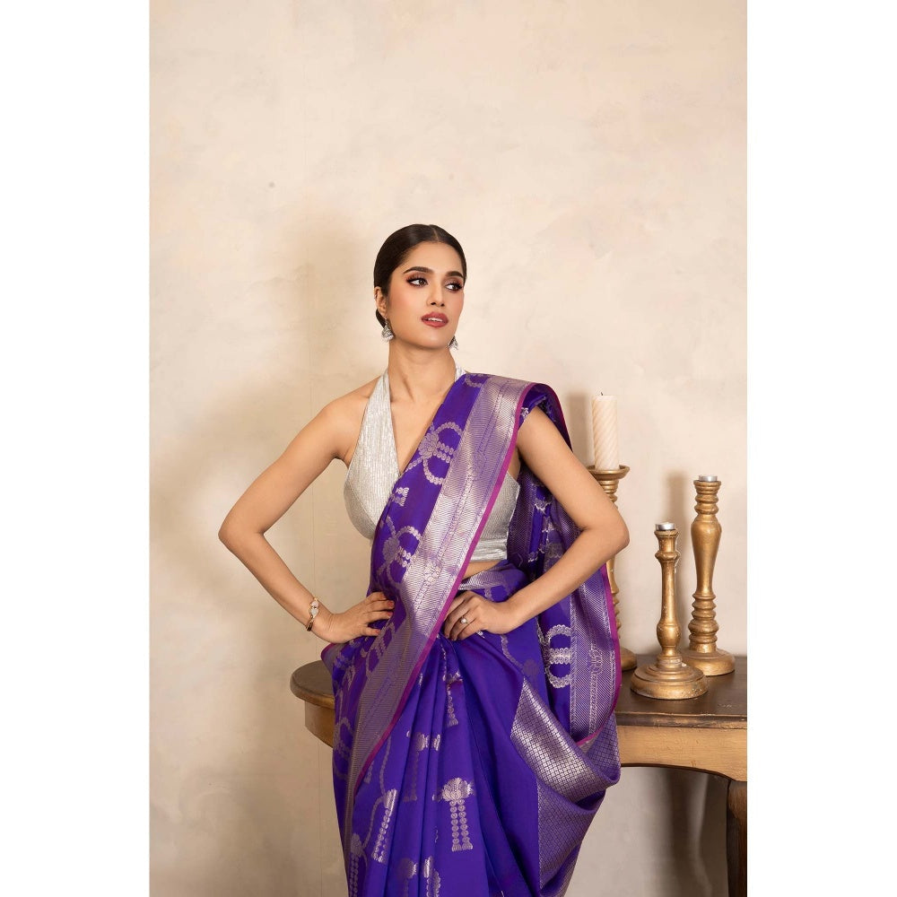 Zal from Benaras Purple Pure Silk Banarasi Handloom Saree Without Blouse