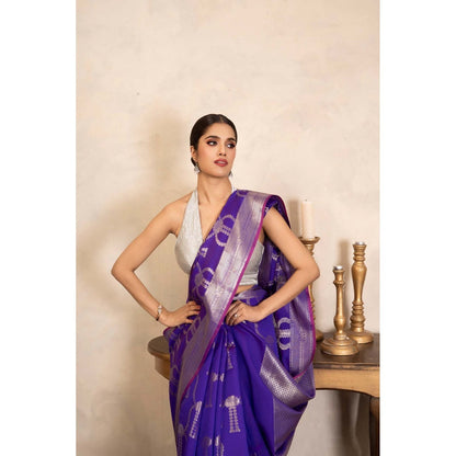 Zal from Benaras Purple Pure Silk Banarasi Handloom Saree Without Blouse