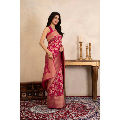 Zal from Benaras Rani Pink Pure Katan Banarasi Handloom Saree Without Blouse