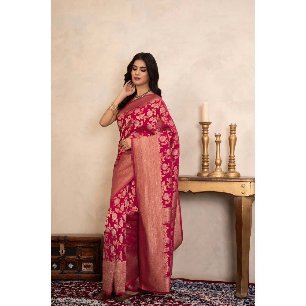 Zal from Benaras Rani Pink Pure Katan Banarasi Handloom Saree Without Blouse