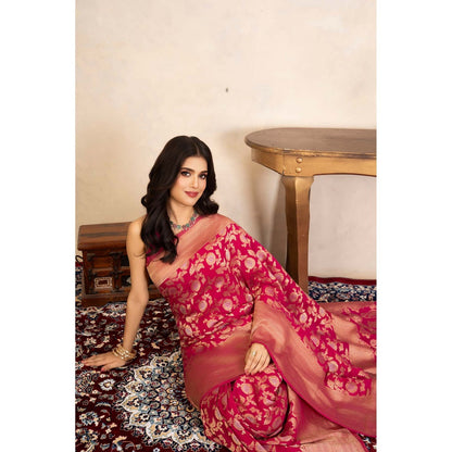 Zal from Benaras Rani Pink Pure Katan Banarasi Handloom Saree Without Blouse