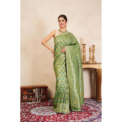 Zal from Benaras Pista Green Banarasi Meenakari Handloom Saree Without Blouse