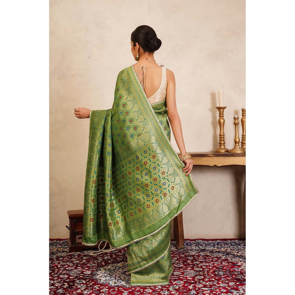 Zal from Benaras Pista Green Banarasi Meenakari Handloom Saree Without Blouse