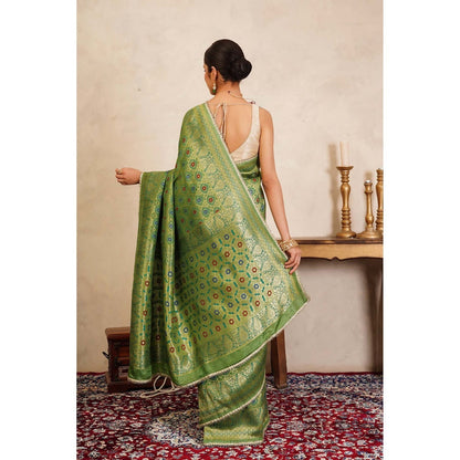Zal from Benaras Pista Green Banarasi Meenakari Handloom Saree Without Blouse