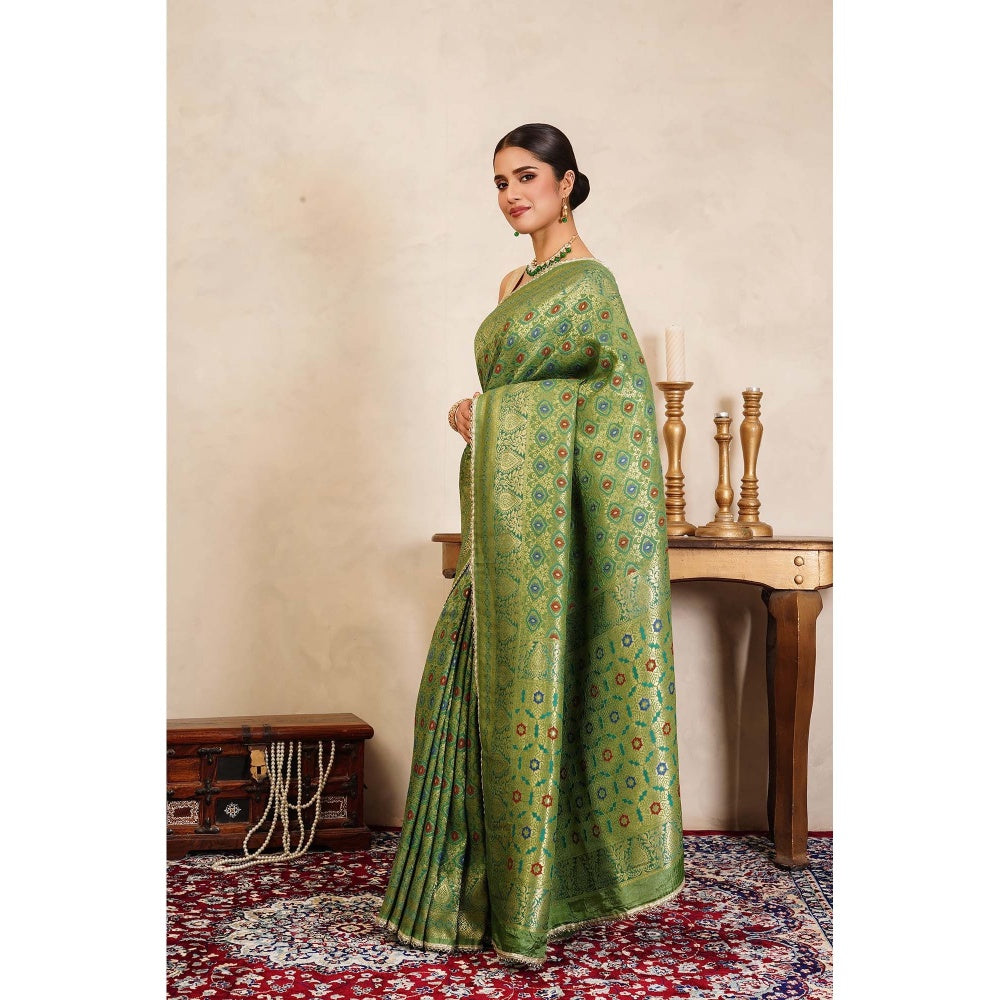 Zal from Benaras Pista Green Banarasi Meenakari Handloom Saree Without Blouse