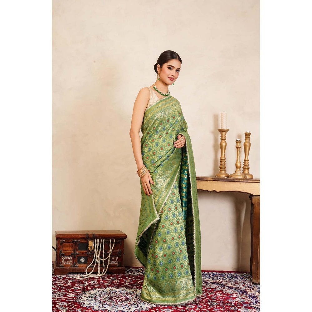 Zal from Benaras Pista Green Banarasi Meenakari Handloom Saree Without Blouse