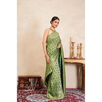 Zal from Benaras Pista Green Banarasi Meenakari Handloom Saree Without Blouse