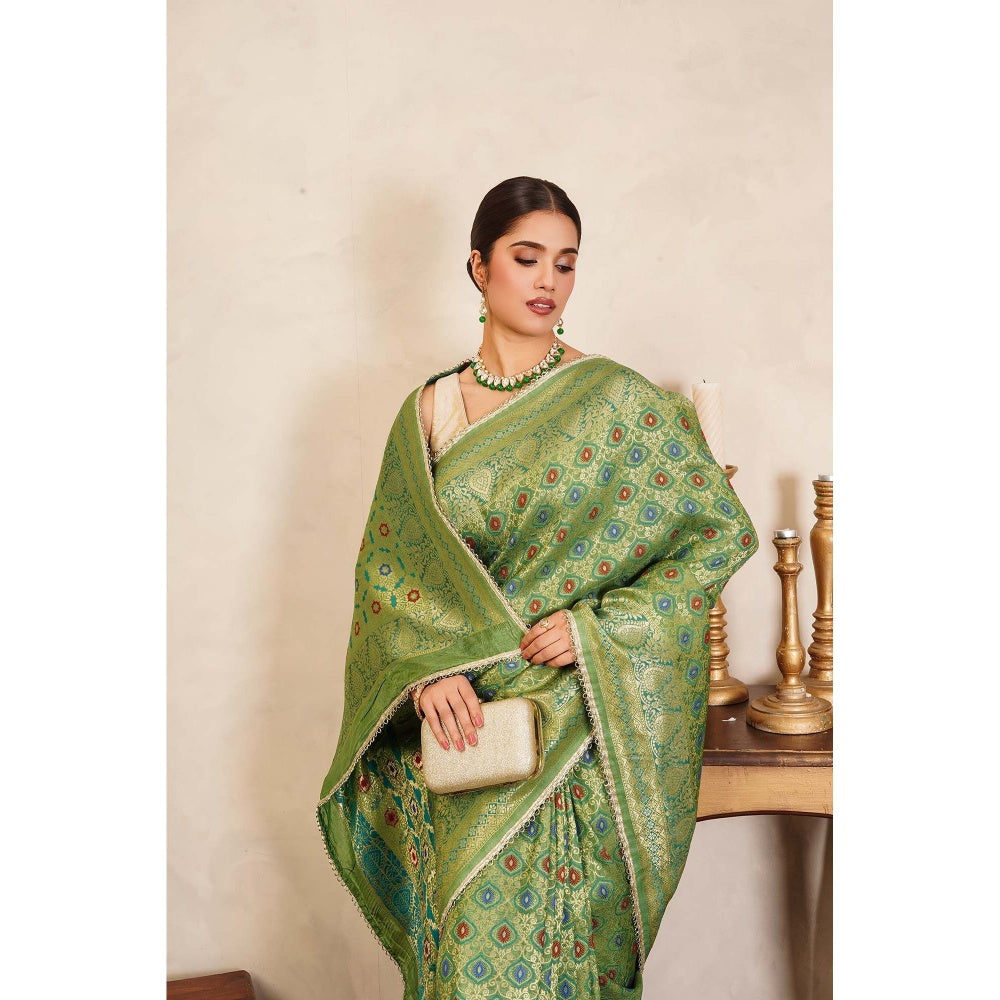 Zal from Benaras Pista Green Banarasi Meenakari Handloom Saree Without Blouse