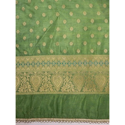 Zal from Benaras Pista Green Banarasi Meenakari Handloom Saree Without Blouse