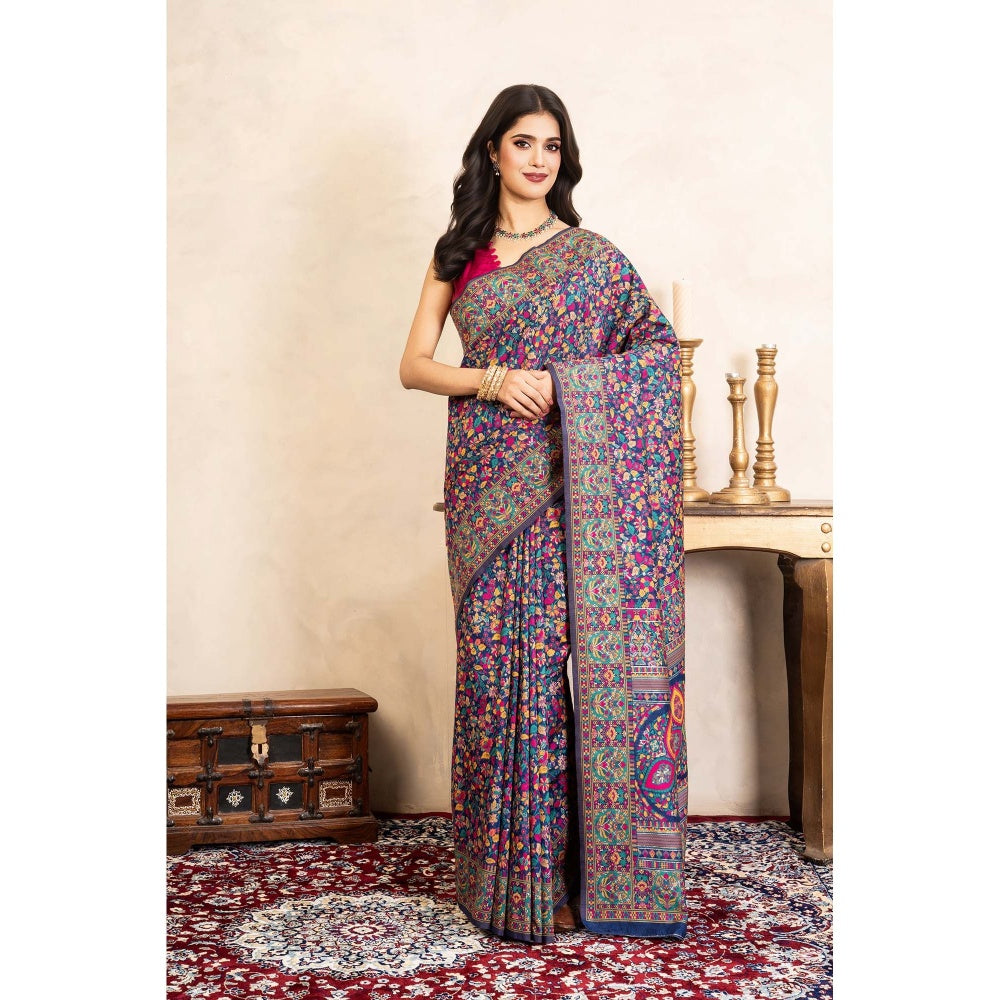 Zal from Benaras Blue Pure Silk Banarasi Meenakari Handloom Saree Without Blouse