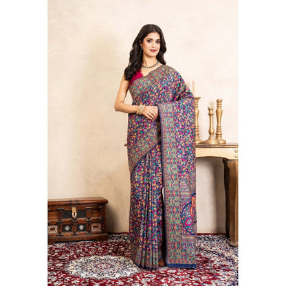 Zal from Benaras Blue Pure Silk Banarasi Meenakari Handloom Saree Without Blouse