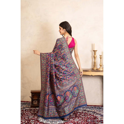 Zal from Benaras Blue Pure Silk Banarasi Meenakari Handloom Saree Without Blouse