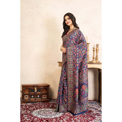 Zal from Benaras Blue Pure Silk Banarasi Meenakari Handloom Saree Without Blouse
