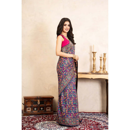 Zal from Benaras Blue Pure Silk Banarasi Meenakari Handloom Saree Without Blouse