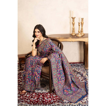 Zal from Benaras Blue Pure Silk Banarasi Meenakari Handloom Saree Without Blouse
