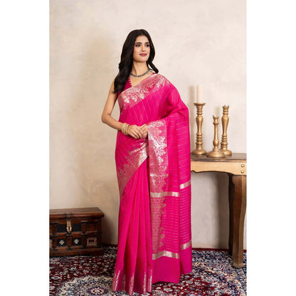 Zal from Benaras Rani Pink Pure Silk Banarasi Handloom Saree Without Blouse