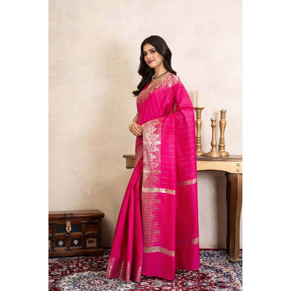 Zal from Benaras Rani Pink Pure Silk Banarasi Handloom Saree Without Blouse