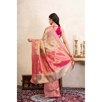 Zal from Benaras Pink Kanjeevaram Silk Banarasi Handloom Saree Without Blouse