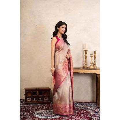 Zal from Benaras Pink Kanjeevaram Silk Banarasi Handloom Saree Without Blouse