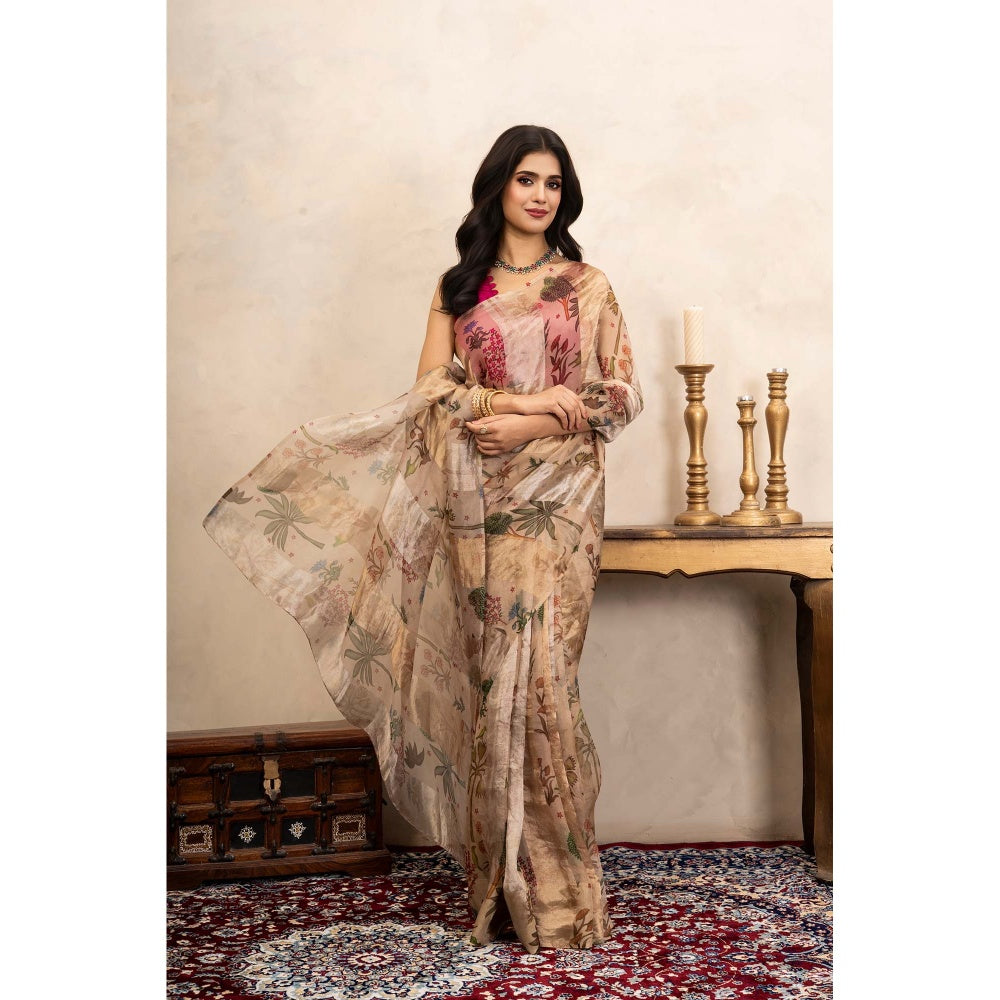 Zal from Benaras Beige Pure Organza Silk Banarasi Handloom Digital Print Saree Without Blouse