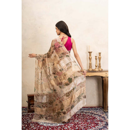 Zal from Benaras Beige Pure Organza Silk Banarasi Handloom Digital Print Saree Without Blouse