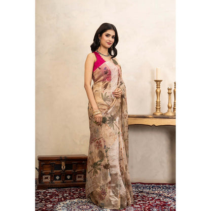 Zal from Benaras Beige Pure Organza Silk Banarasi Handloom Digital Print Saree Without Blouse