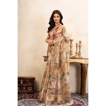 Zal from Benaras Beige Pure Organza Silk Banarasi Handloom Digital Print Saree Without Blouse