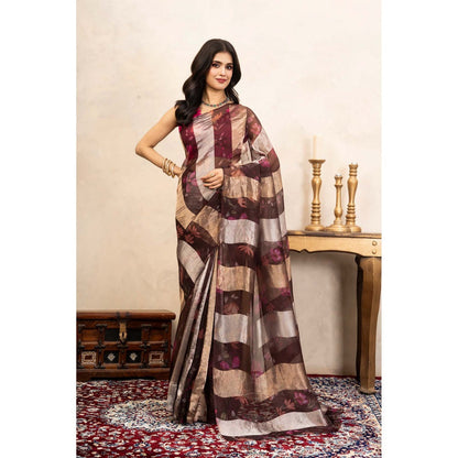 Zal from Benaras Brown Coffee Pure Organza Silk Digital Print Handloom Saree Without Blouse