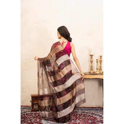 Zal from Benaras Brown Coffee Pure Organza Silk Digital Print Handloom Saree Without Blouse