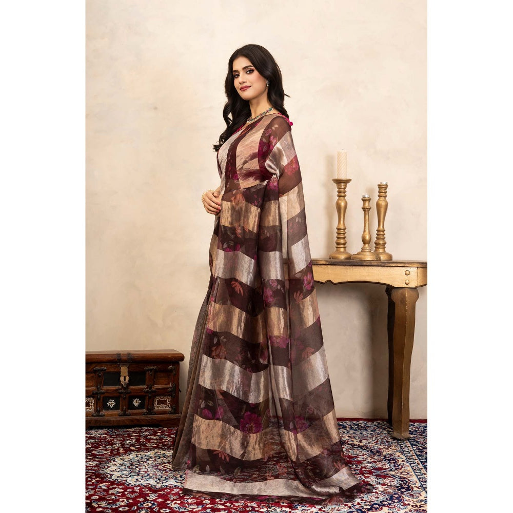 Zal from Benaras Brown Coffee Pure Organza Silk Digital Print Handloom Saree Without Blouse