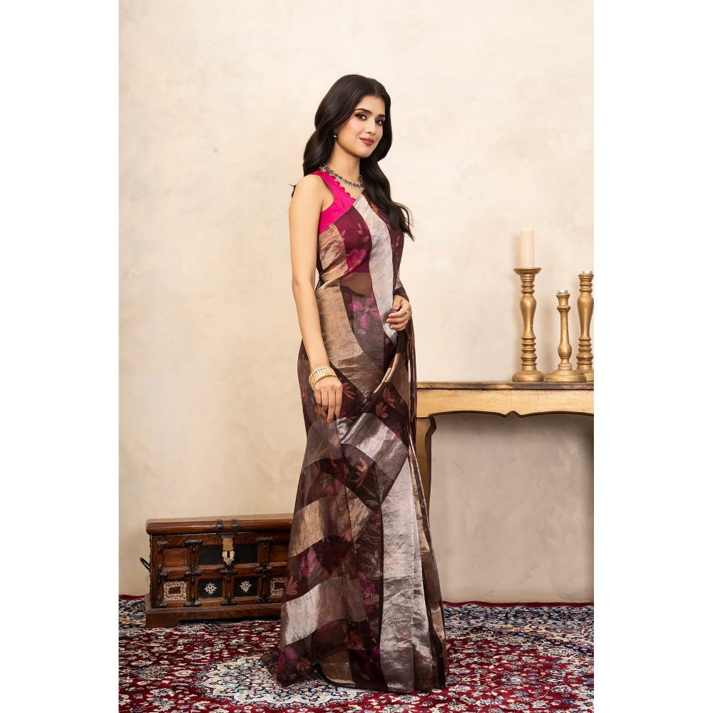 Zal from Benaras Brown Coffee Pure Organza Silk Digital Print Handloom Saree Without Blouse