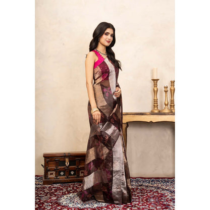 Zal from Benaras Brown Coffee Pure Organza Silk Digital Print Handloom Saree Without Blouse