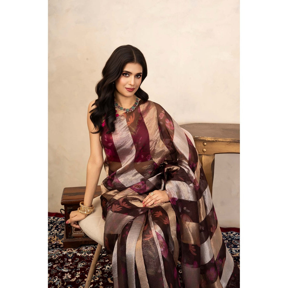 Zal from Benaras Brown Coffee Pure Organza Silk Digital Print Handloom Saree Without Blouse