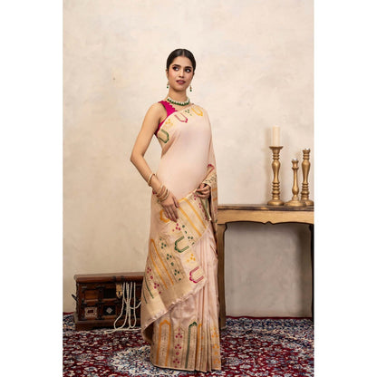 Zal from Benaras Rose Cream Pure Katan Silk Banarasi Handloom Saree Without Blouse