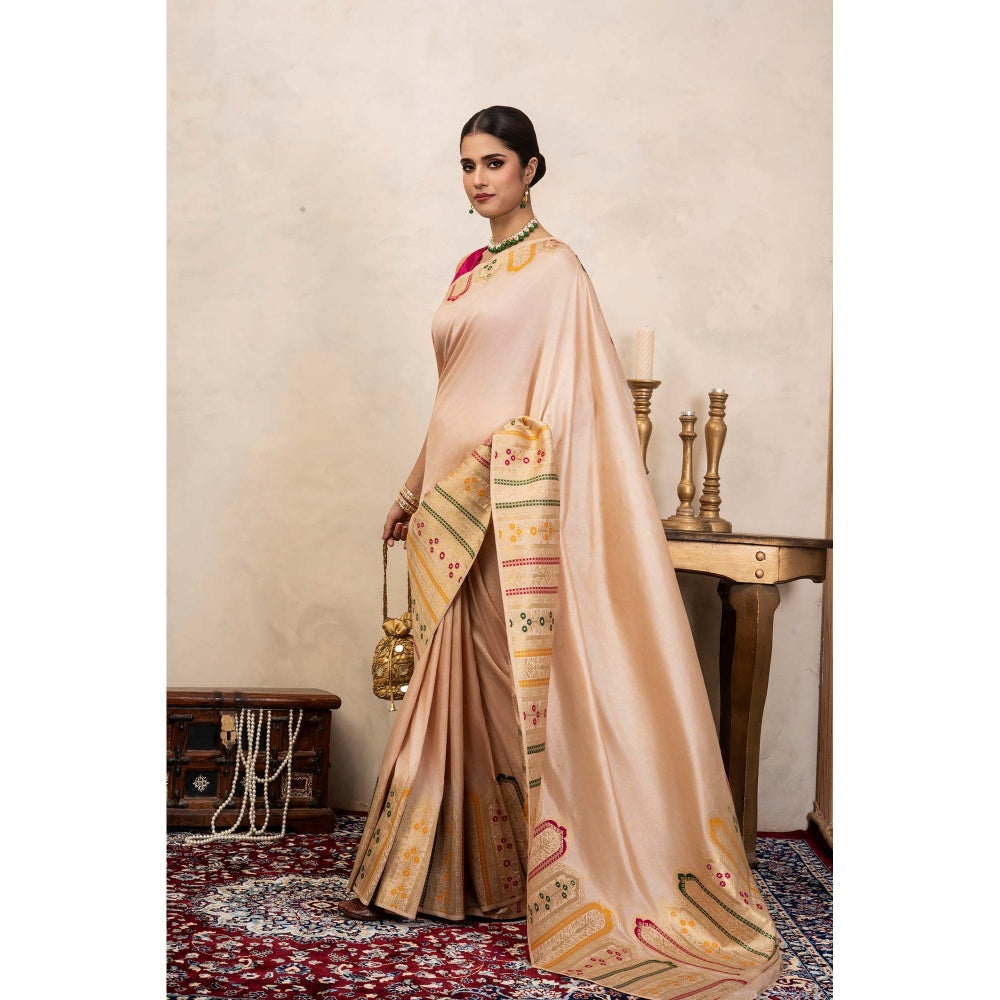 Zal from Benaras Rose Cream Pure Katan Silk Banarasi Handloom Saree Without Blouse