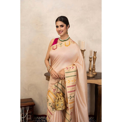 Zal from Benaras Rose Cream Pure Katan Silk Banarasi Handloom Saree Without Blouse