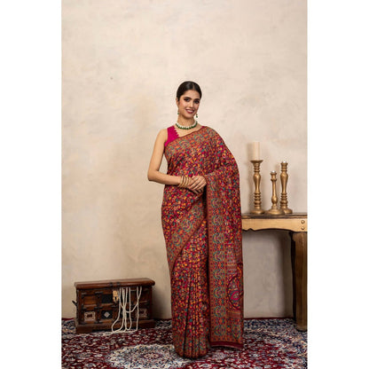 Zal from Benaras Red Pure Silk Banarasi Meenakari Handloom Saree Without Blouse