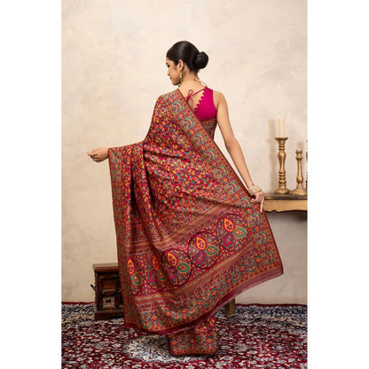 Zal from Benaras Red Pure Silk Banarasi Meenakari Handloom Saree Without Blouse