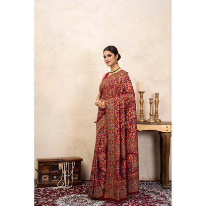 Zal from Benaras Red Pure Silk Banarasi Meenakari Handloom Saree Without Blouse